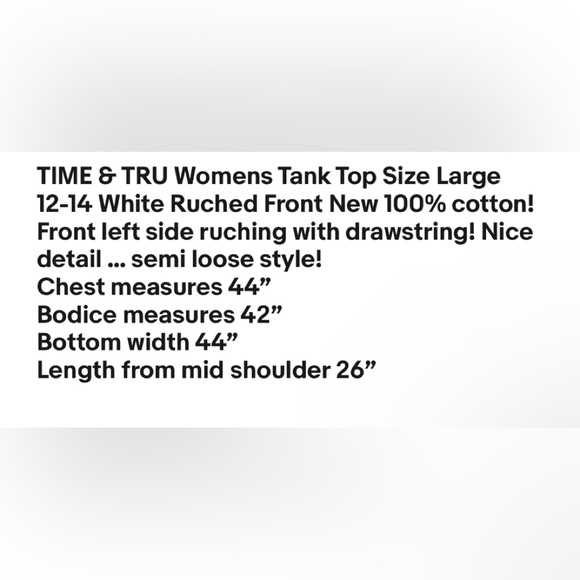TIME & TRU Womens Tank Top Size Large 12-14 White Ruched Front New - Picture 6 of 6
